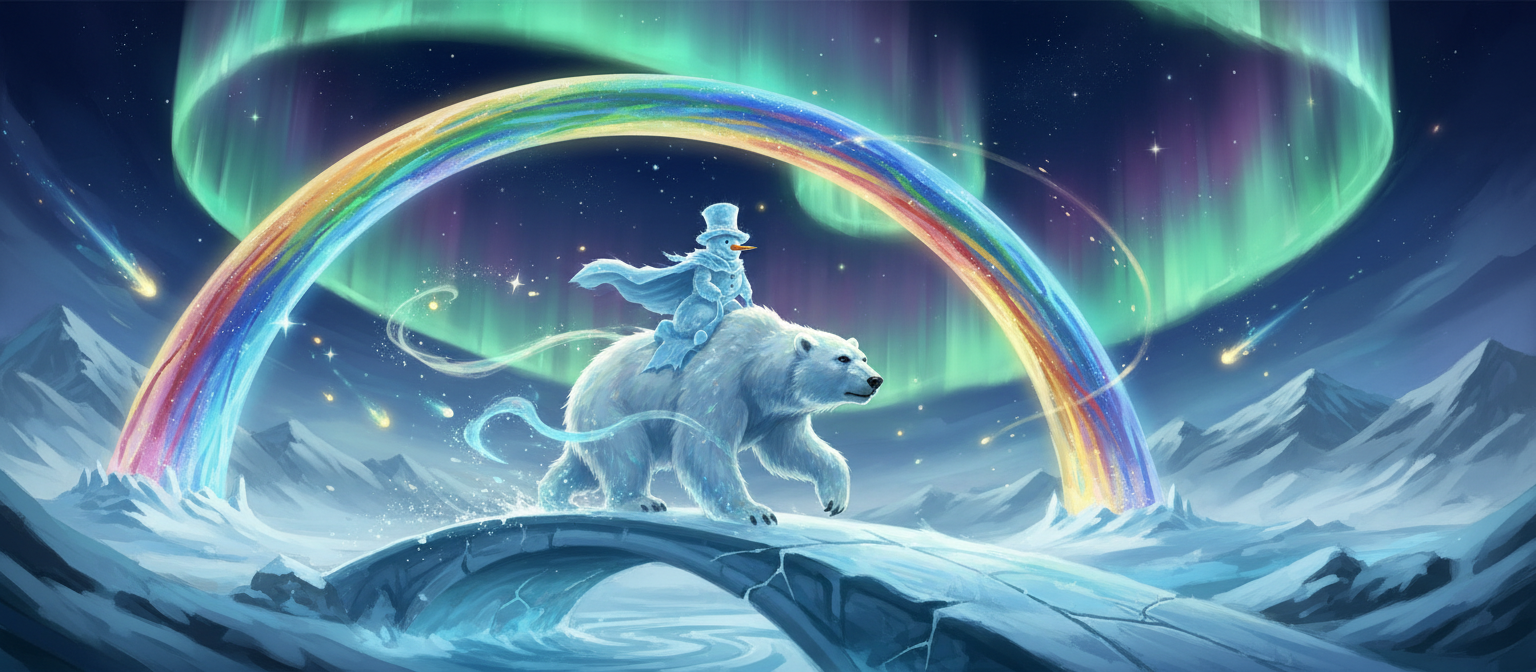 오로라가 비추는 풍경을 통해 북극곰을 타고 있는 눈사람의 환상적인 일러스트.