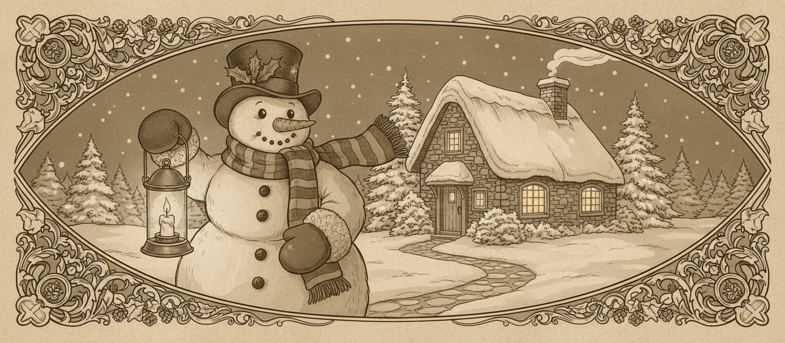 골동품 스타일의 눈사람이 램프를 들고 굴뚝에서 연기가 피어오르는 예쁜 오두막 밖에 서 있는 화려한 일러스트.