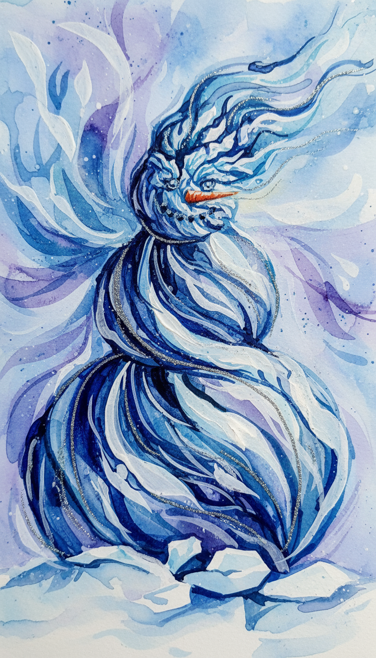 파란색, 흰색, 보라색의 소용돌이 패턴을 가진 추상적인 눈사람 일러스트.