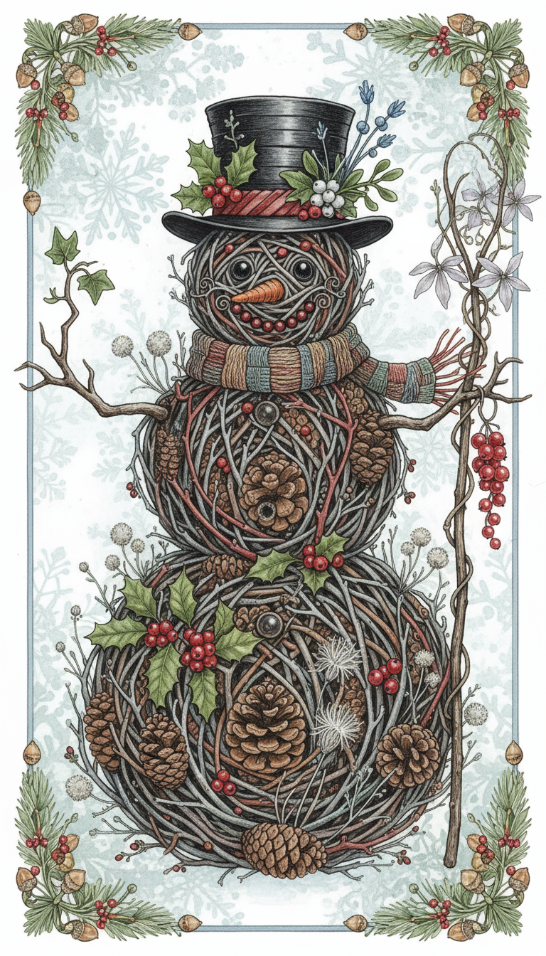 솔방울, 호랑가시나무 열매, 마른 겨울 잎으로 정교하게 장식된 눈사람의 상세한 식물 일러스트.