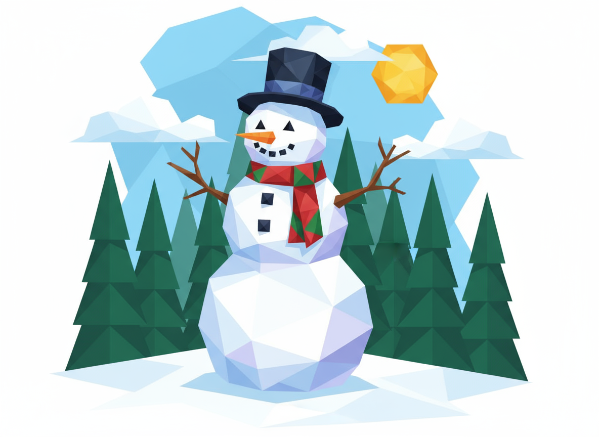 날카로운 각도와 평평한 색상으로 된 눈사람의 기하학적 다각형 아트 일러스트.