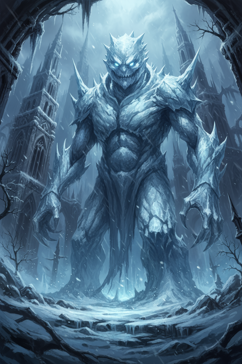 빛나는 눈을 가진 위협적인 얼음 조각상 같은 눈사람 수호자가 있는 고딕 겨울 배경의 다크 판타지 일러스트.