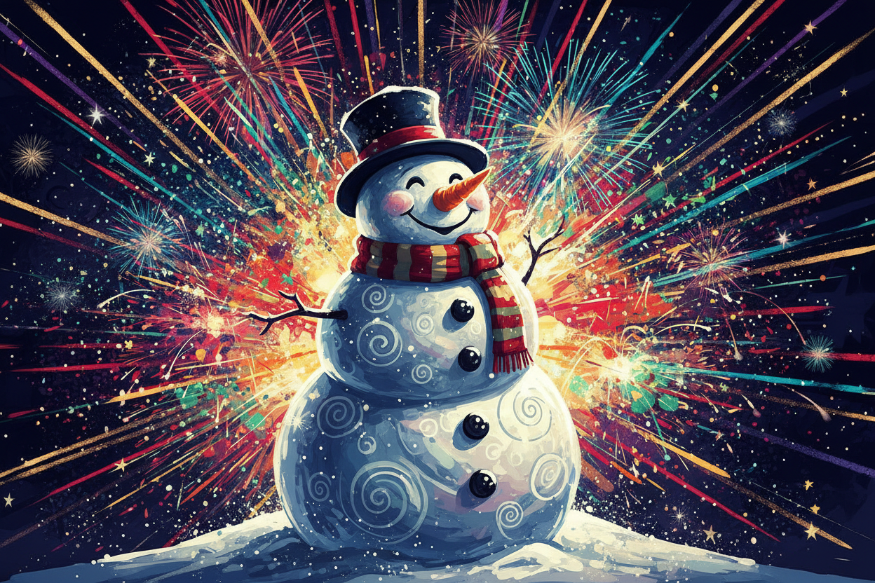어두운 밤하늘을 배경으로 화려한 불꽃놀이에 둘러싸인 웃는 눈사람의 생생한 디지털 일러스트.
