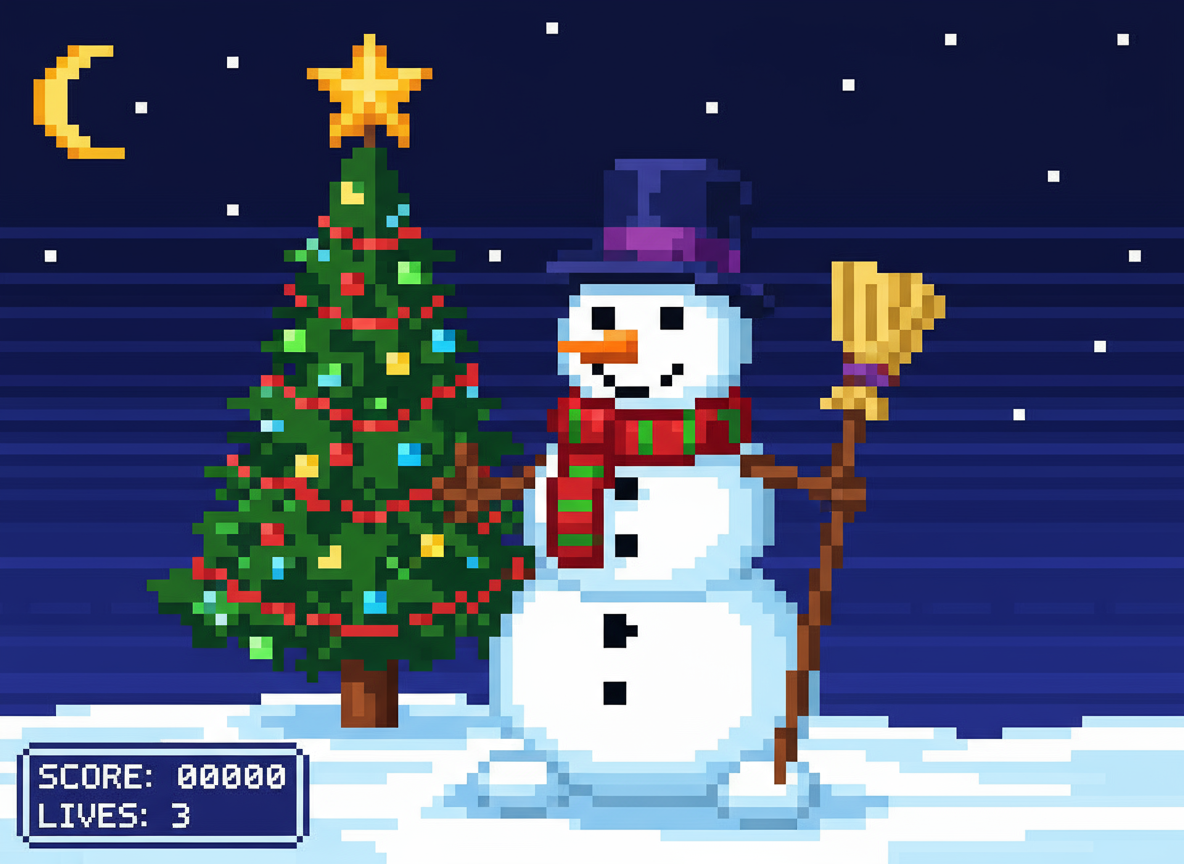 픽셀 아트 눈사람 일러스트, 픽셀화된 크리스마스 트리 앞에 서 있는 모습.