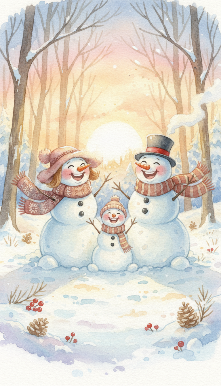 따뜻하고 아늑한 눈 덮인 숲에서 일몰을 배경으로 웃고 있는 눈사람 가족의 수채화 일러스트.