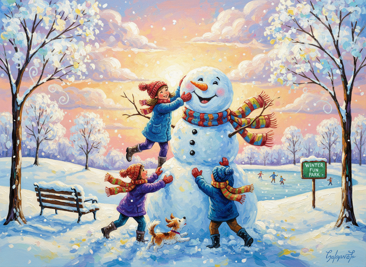 아이들이 눈 덮인 공원에서 즐겁게 눈사람을 만드는 일러스트.