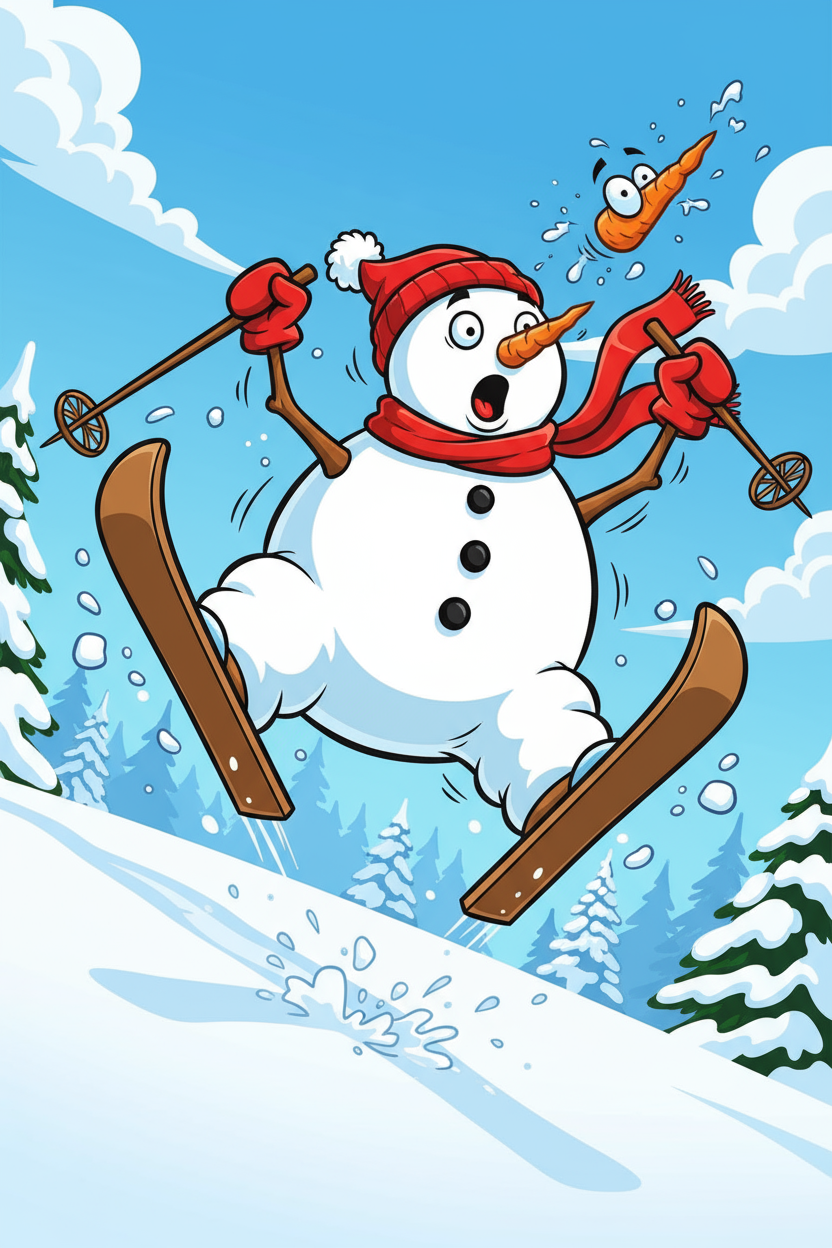 당근 코와 단추가 떨어지면서 우스꽝스럽게 넘어지는 눈사람이 스키를 타려 하는 유머러스한 일러스트.