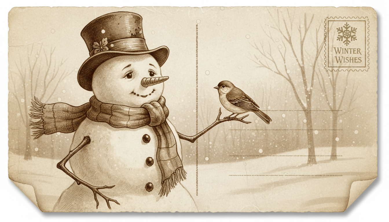 새가 팔에 앉아 있는 것을 아련하게 바라보는 앤티크 스타일 눈사람 일러스트.