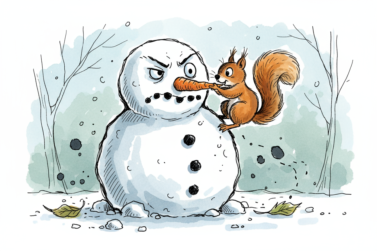 개구쟁이 다람쥐에게 당근 코를 도둑맞으려 하는 심술궂은 눈사람의 스케치 먹선 일러스트.