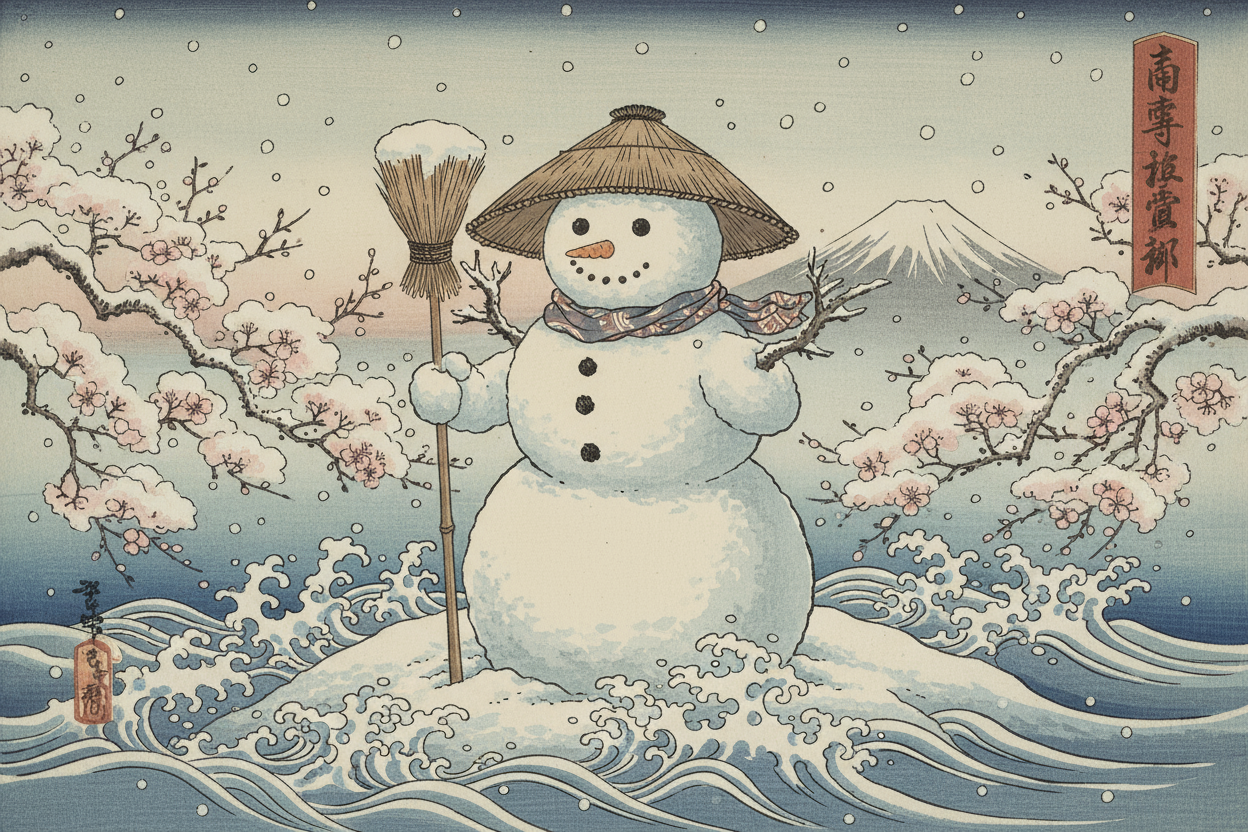 일본 전통 우키요에 목판화 스타일의 눈사람 일러스트.