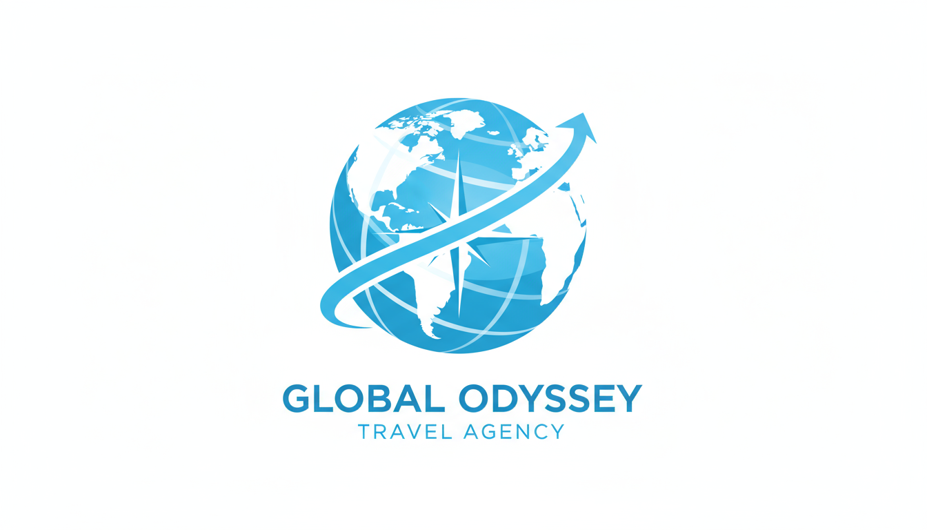 파란색과 흰색의 교차하는 선으로 추상적인 지구본을 표현한 여행사 로고.