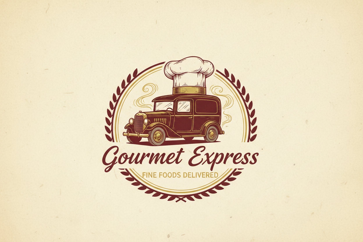 요리사 모자가 얹힌 빈티지 배달 트럭이 있는 미식 음식 배달 서비스 로고.
