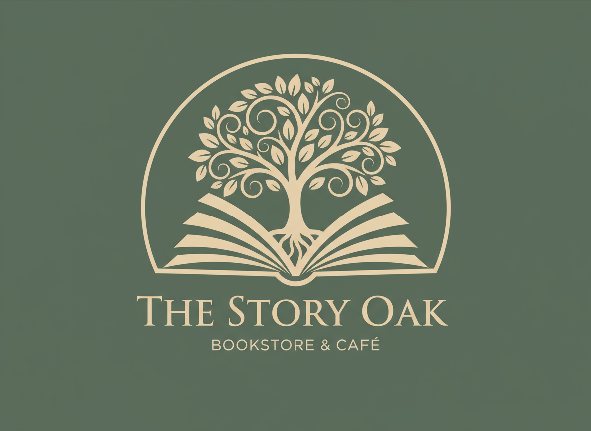 따뜻한 베이지색과 짙은 녹색의 스타일화된 나무가 있는 열린 책 아이콘 서점 로고.