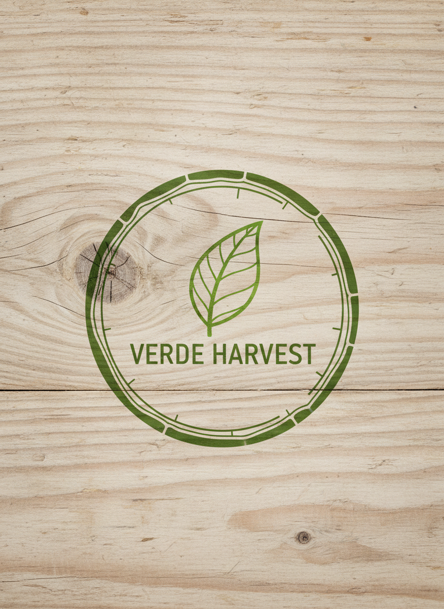 녹색 잎 아이콘과 자연스러운 나무 질감이 있는 유기농 식품 브랜드 로고.