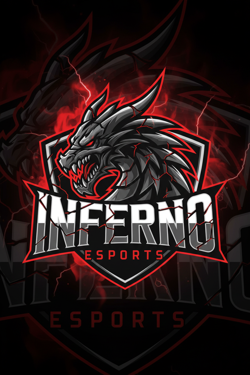 강렬한 드래곤 머리와 각진 서체의 e스포츠 팀 로고.