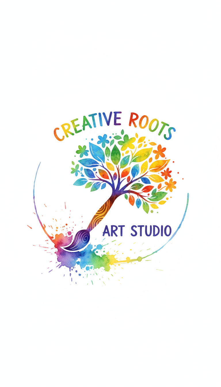 붓이 나무로 변하는 미술 스튜디오를 위한 삽화적 수채화 로고.