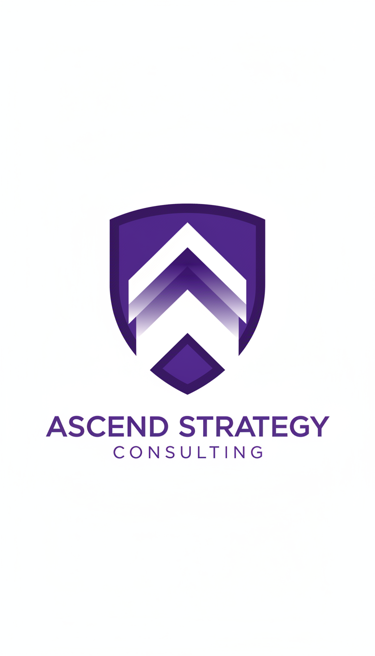 상승하는 기하학적 화살표가 있는 컨설팅 회사를 위한 전문적이고 날카로운 로고, 짙은 보라색과 흰색.