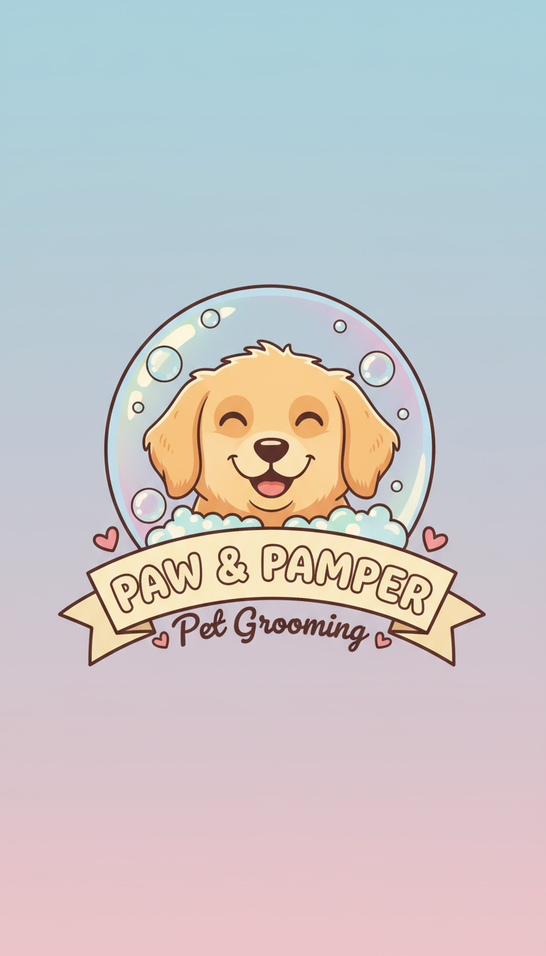 거품 속 행복한 강아지 얼굴을 특징으로 하는 애견 미용 서비스 로고.