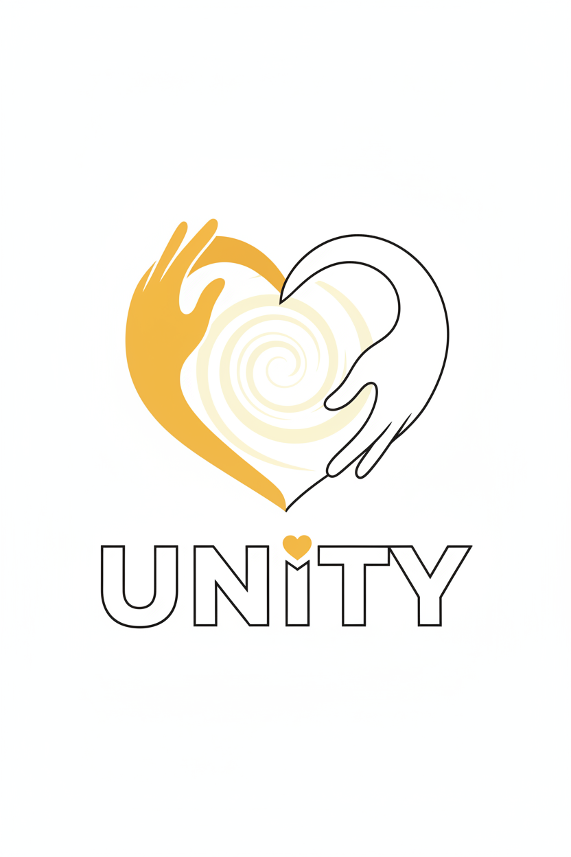 서로 맞잡은 손이 하트 모양을 이루는 비영리 자선 단체 로고, 따뜻한 노란색과 흰색.