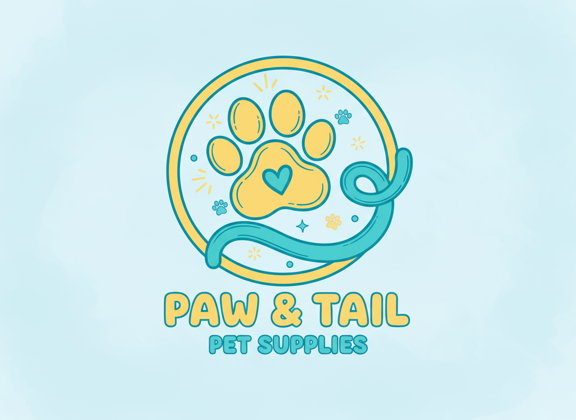 밝고 명랑한 색상의 만화 발자국과 흔들리는 꼬리를 특징으로 하는 귀여운 반려동물 가게 로고.