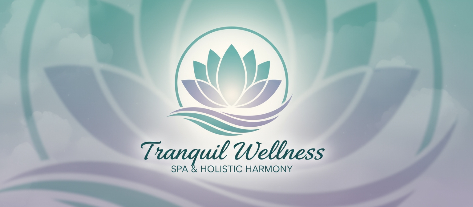 부드러운 청록색과 라벤더 그라데이션이 있는 고요한 연꽃 스파 및 웰니스 센터 로고.