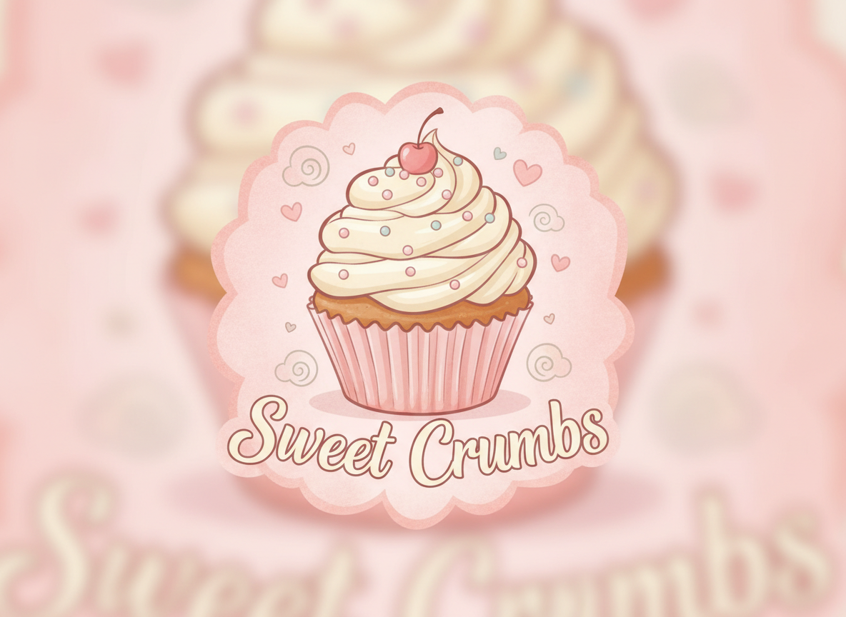 파스텔 핑크와 크림색의 엉뚱한 컵케이크 그림과 부드러운 손글씨 폰트 제과점 로고.