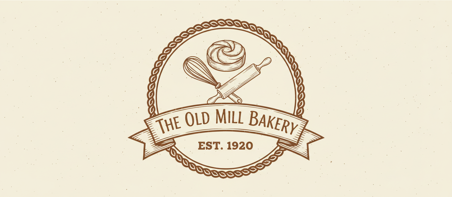 거품기와 밀대가 교차하는 매력적인 빈티지 스타일의 베이커리 로고, 소박한 크림색과 갈색.