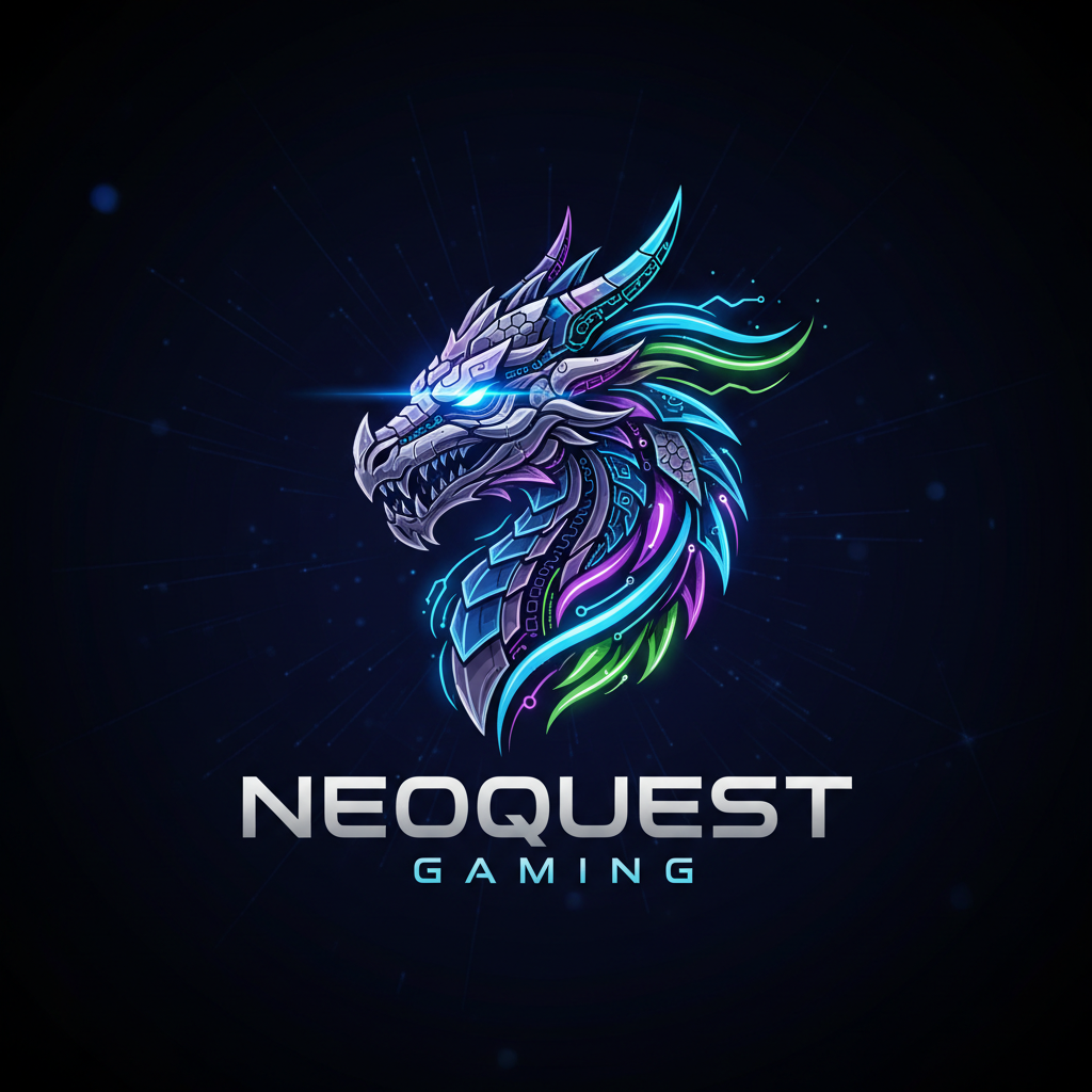 네온 빛나는 용 머리를 특징으로 하는 생동감 있고 미래적인 게임 회사 로고.