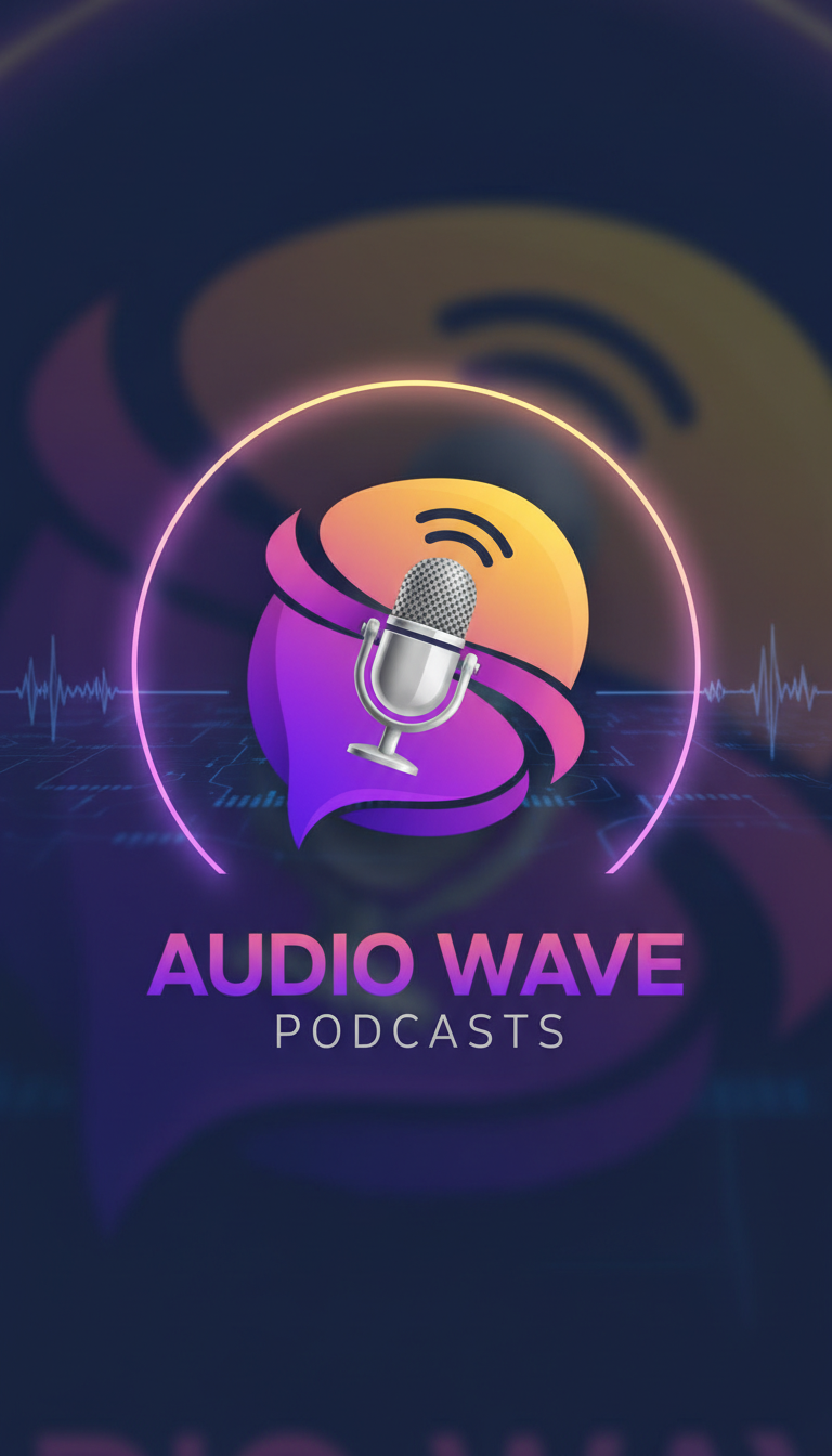 현대적인 보라색과 노란색의 말풍선 안에 스타일화된 마이크 아이콘 팟캐스트 네트워크 로고.