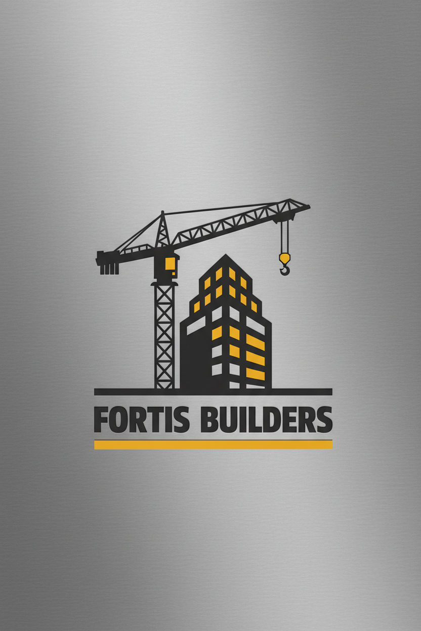 크레인 실루엣과 블록 글자를 사용한 견고한 건설 회사 로고.