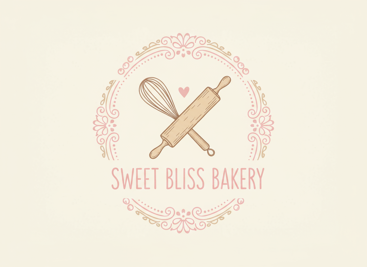 위스크와 롤링핀, 작은 하트가 있는 밝고 환영하는 빵집 로고.