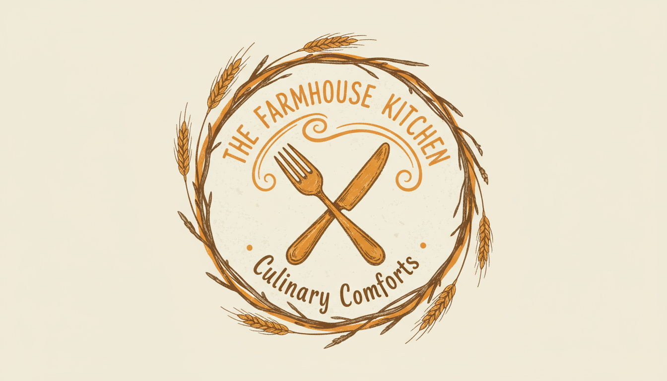 따뜻한 주황색과 갈색의 손으로 그린 소박한 포크와 칼 아이콘 레스토랑 로고.