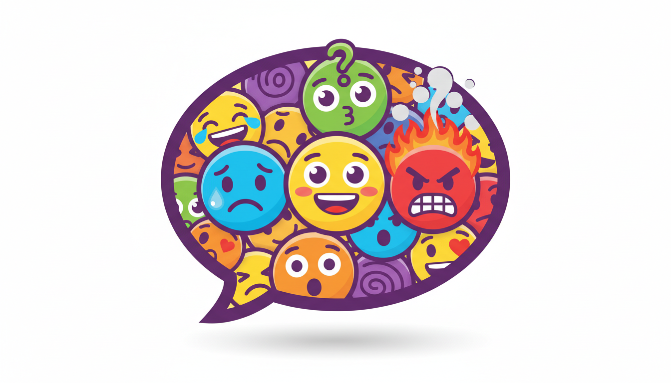 다양하고 표현력이 풍부한 이모지로 가득 찬 말풍선.