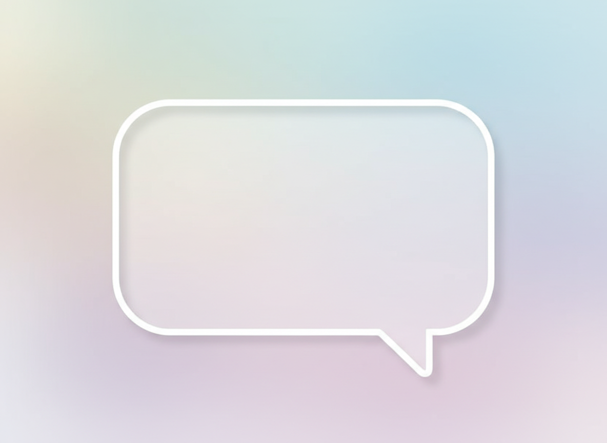 깨끗한 선과 오른쪽 하단 모서리에서 나오는 작은 뾰족한 꼬리가 있는 간단하고 부드러운 흰색 둥근 사각형 말풍선.