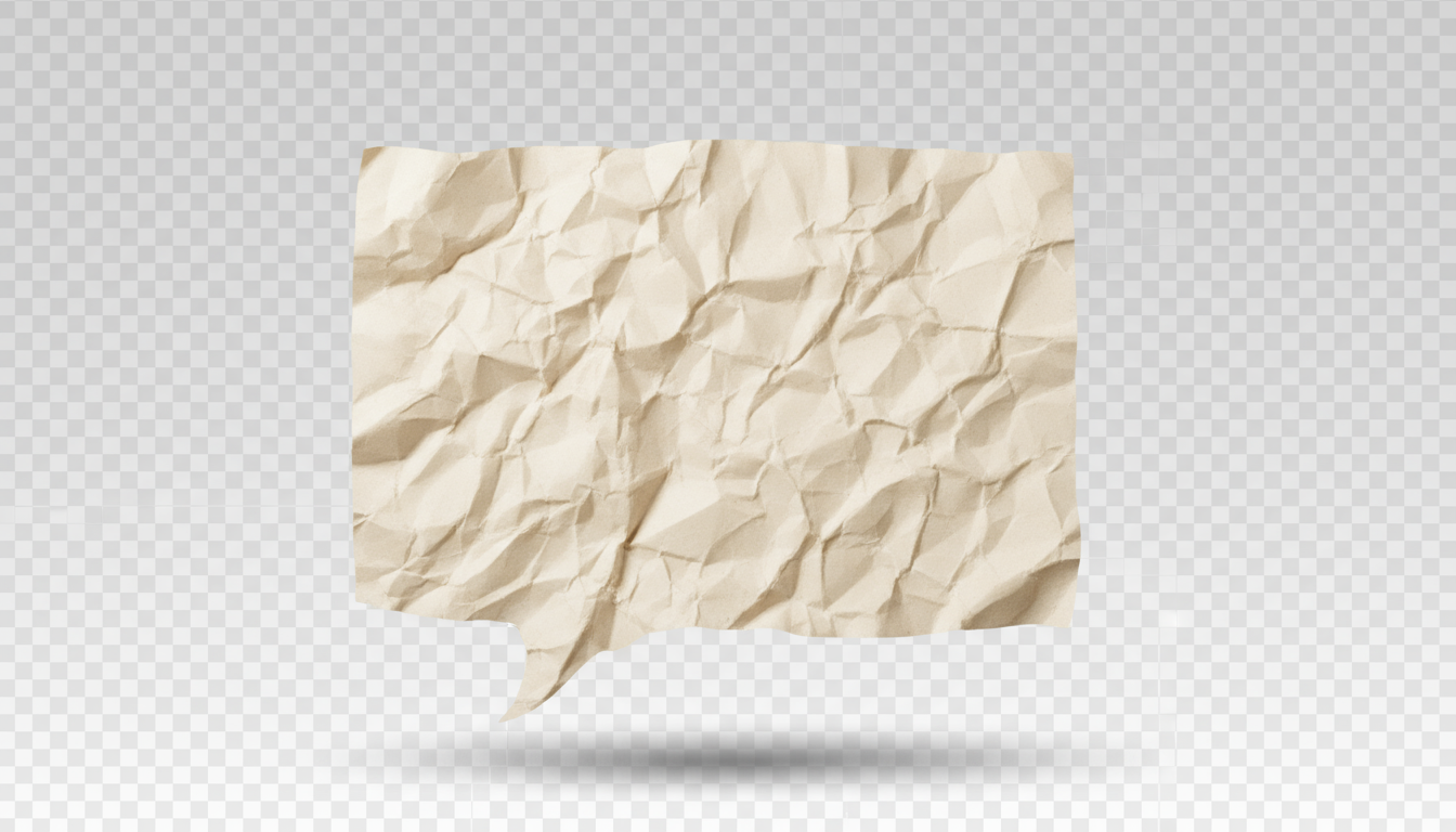 으깬 종이 질감의 현실적인 말풍선, 미색, 섬세한 그림자, 투명한 배경.