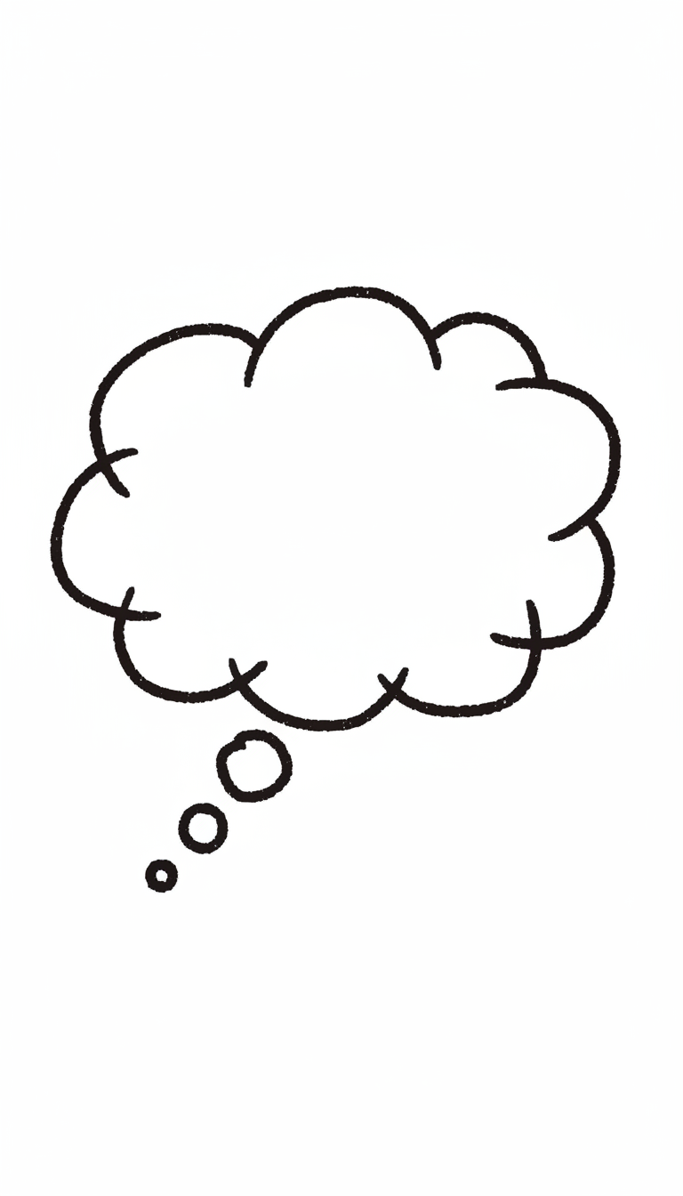 손으로 그린 구름 모양의 생각 말풍선, 검은색 마커 테두리, 투명 PNG.