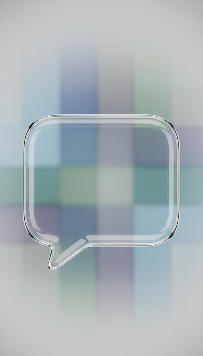 미묘한 굴절과 광택 마감이 돋보이는 투명한 유리 효과 말풍선이 투명한 배경 위에 있다.