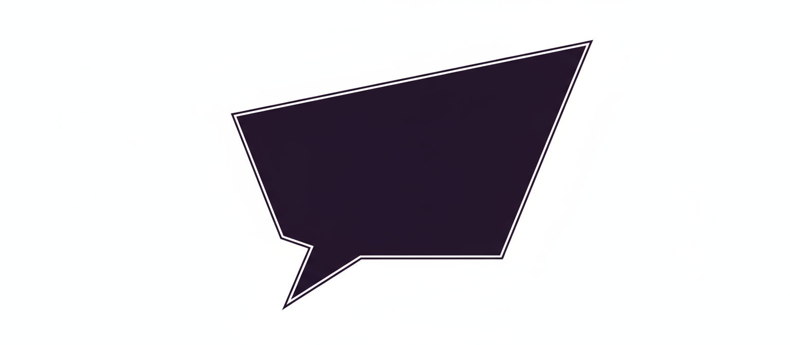 날카로운 모서리를 가진 현대적인 기하학적 말풍선, 짙은 보라색과 흰색 윤곽선, 투명한 배경.