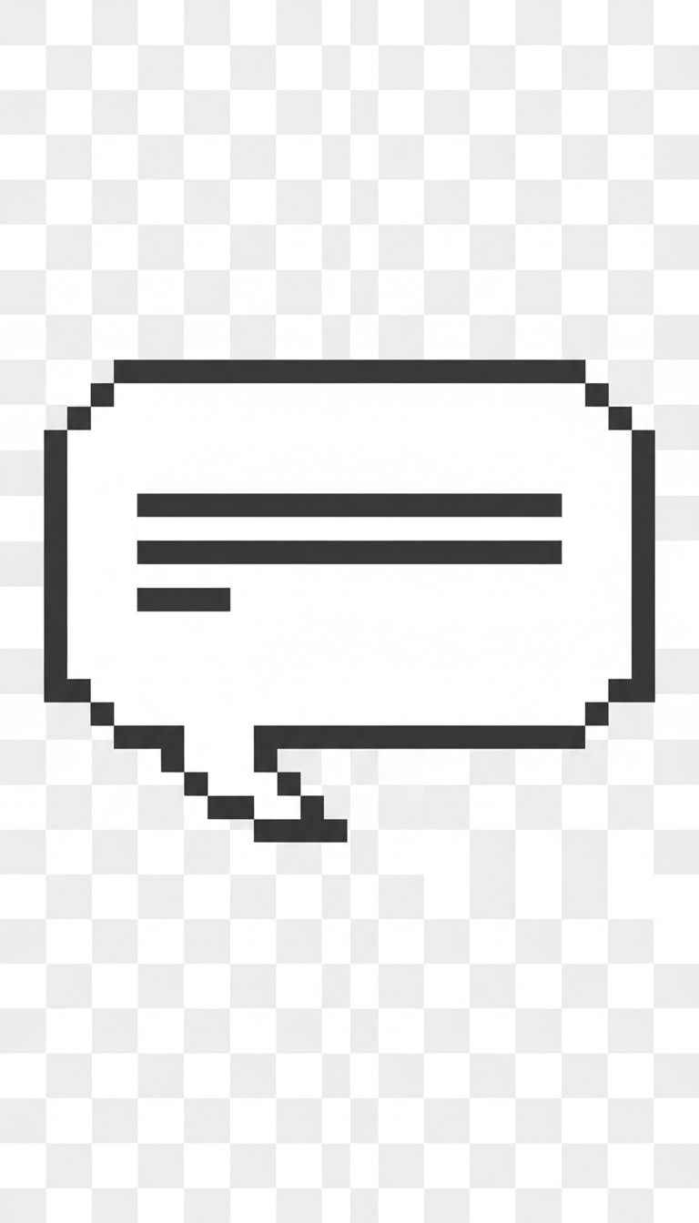 어두운 회색 픽셀 테두리가 있는 복고풍 픽셀 아트 흰색 말풍선, 8비트 스타일.