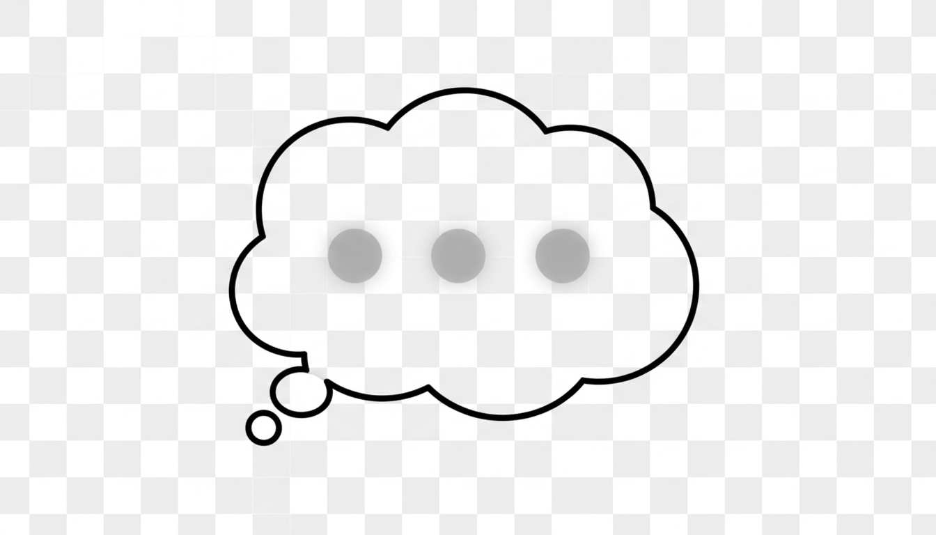 세 개의 움직이는 점(...)이 안에 있는 간단한 회색 말풍선, 입력 중 또는 생각 중임을 나타냄, 투명한 배경.