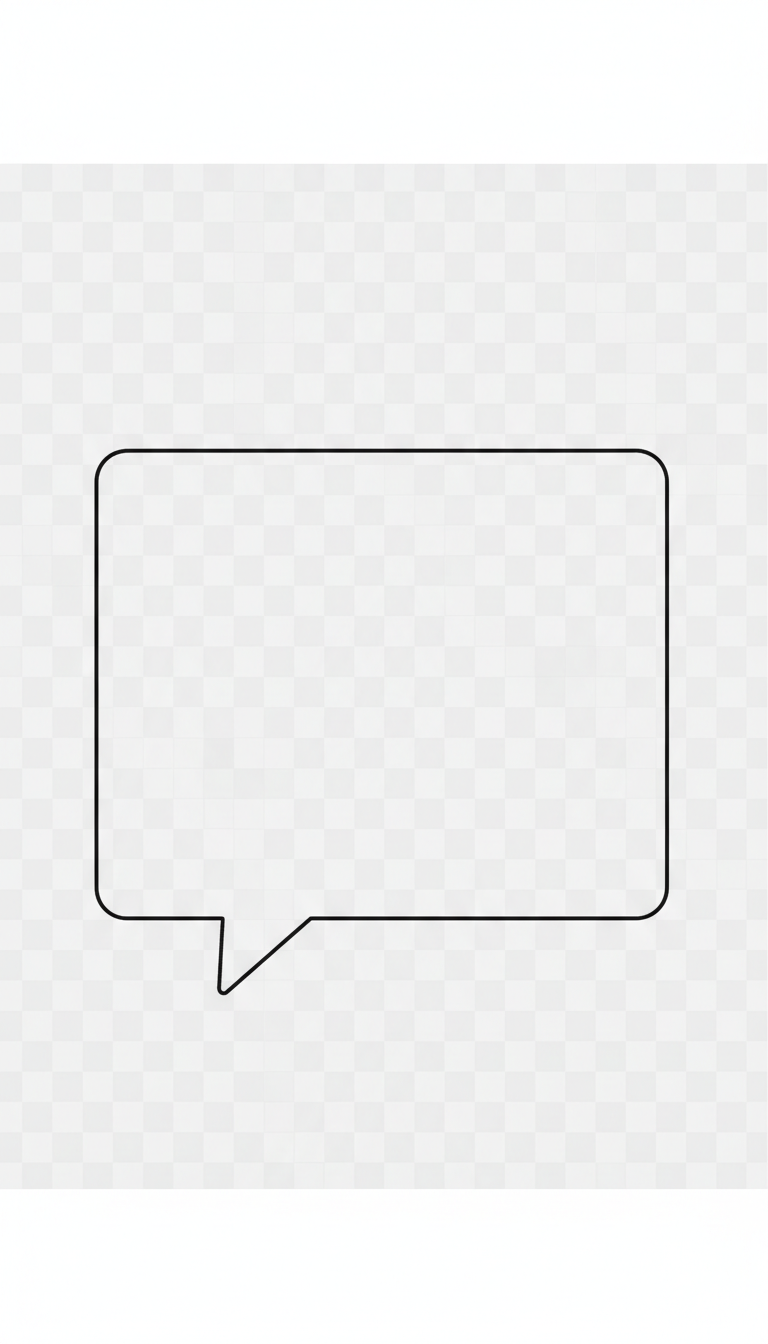 날카로운 모서리와 얇은 검은색 윤곽선을 가진 미니멀리스트 사각형 말풍선으로, 투명한 배경에 평범하고 비어 있다.