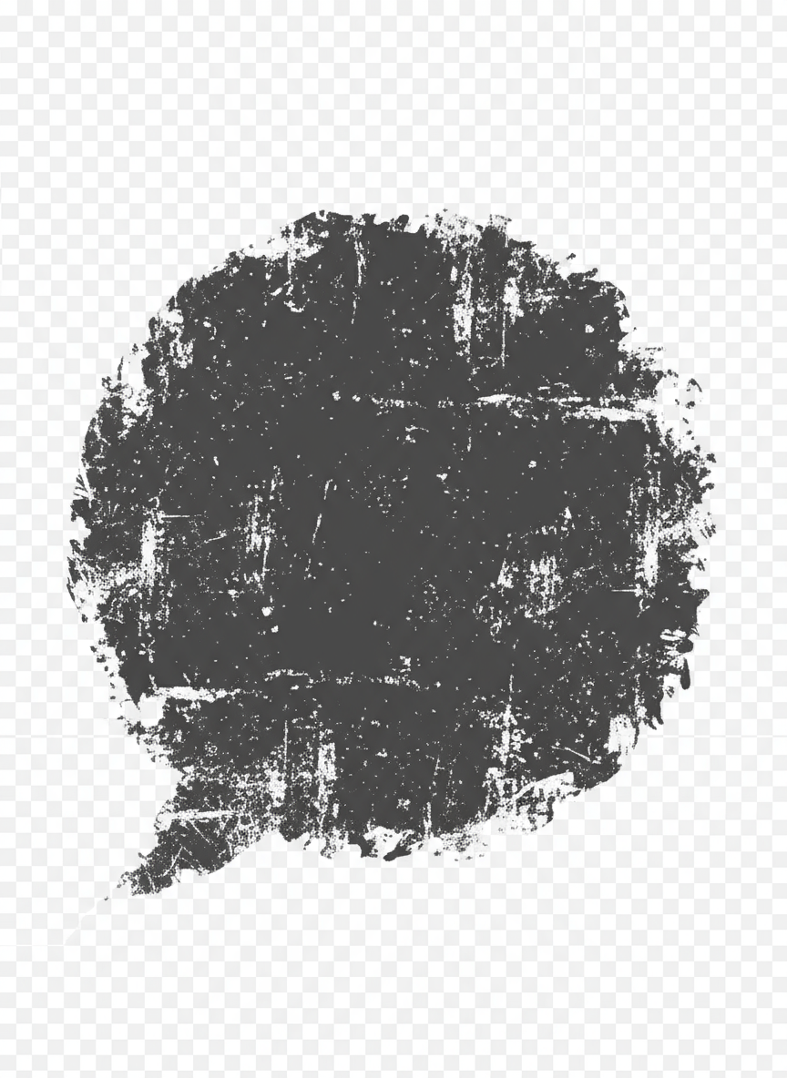 그란지 스타일의 원형 말풍선, 거친 질감, 짙은 회색, 투명한 배경.