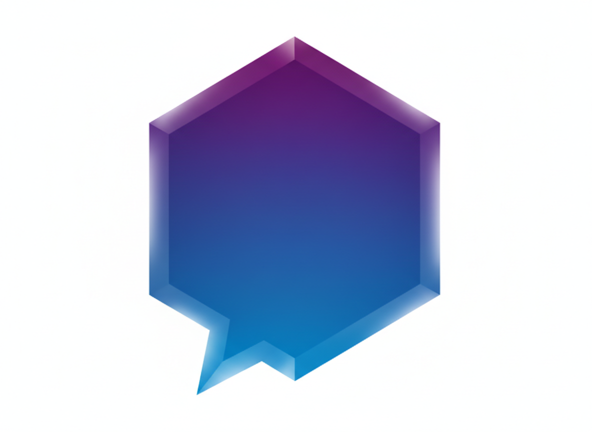 현대적이고 미니멀한 육각형 말풍선, 파란색에서 보라색으로 이어지는 그라데이션, 선명한 선, 투명한 배경.