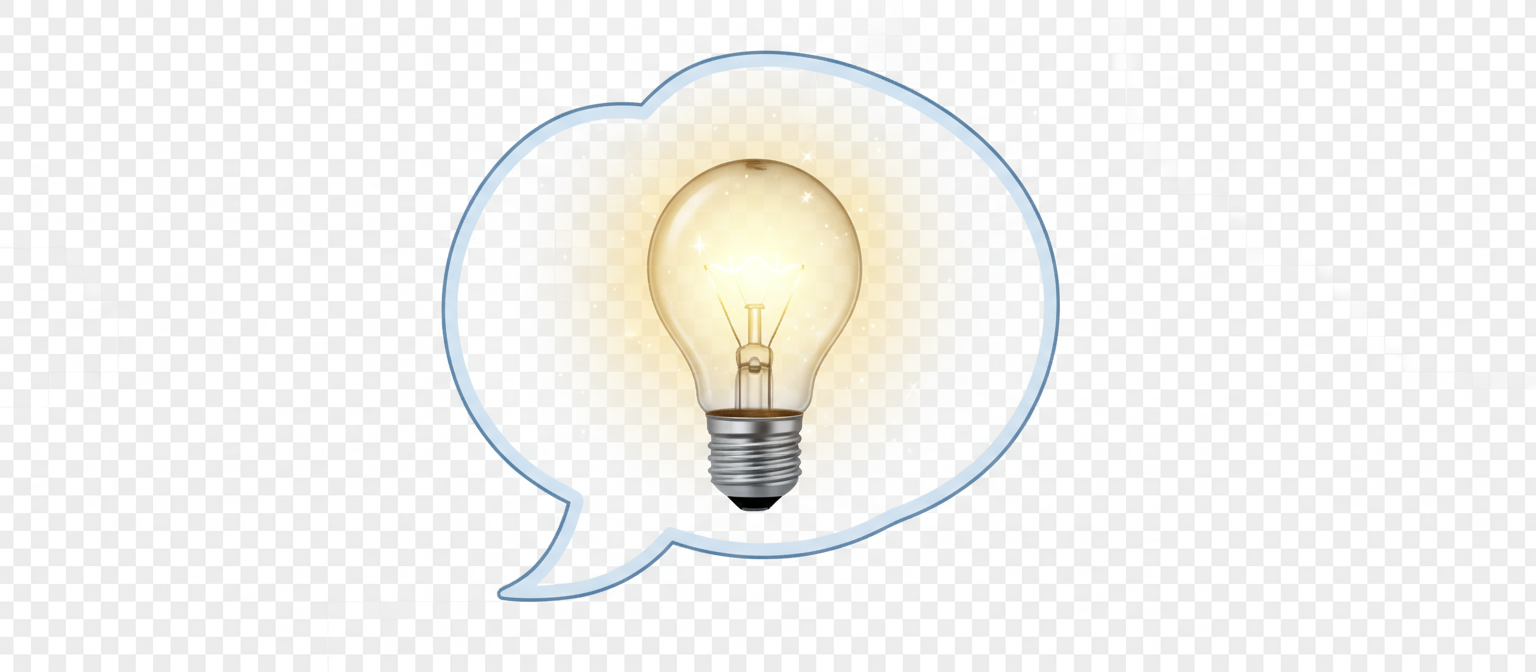 투명한 배경에 생각 말풍선 모양 안에 빛나는 노란색 전구가 있는 아이디어 말풍선.