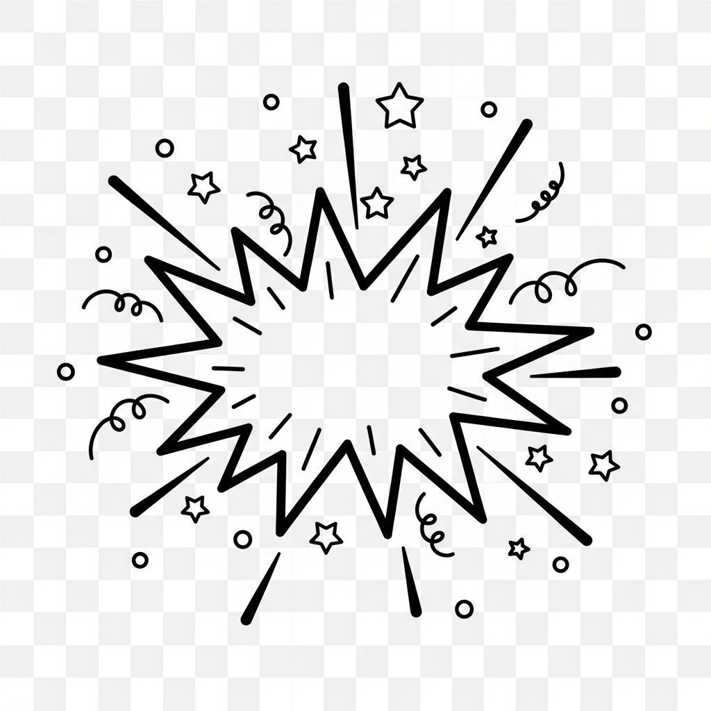 작은 별과 색종이 조각으로 폭발하는 말풍선 윤곽선으로, 장난기 많고 축제 분위기를 표현하며 투명한 배경 위에 있다.