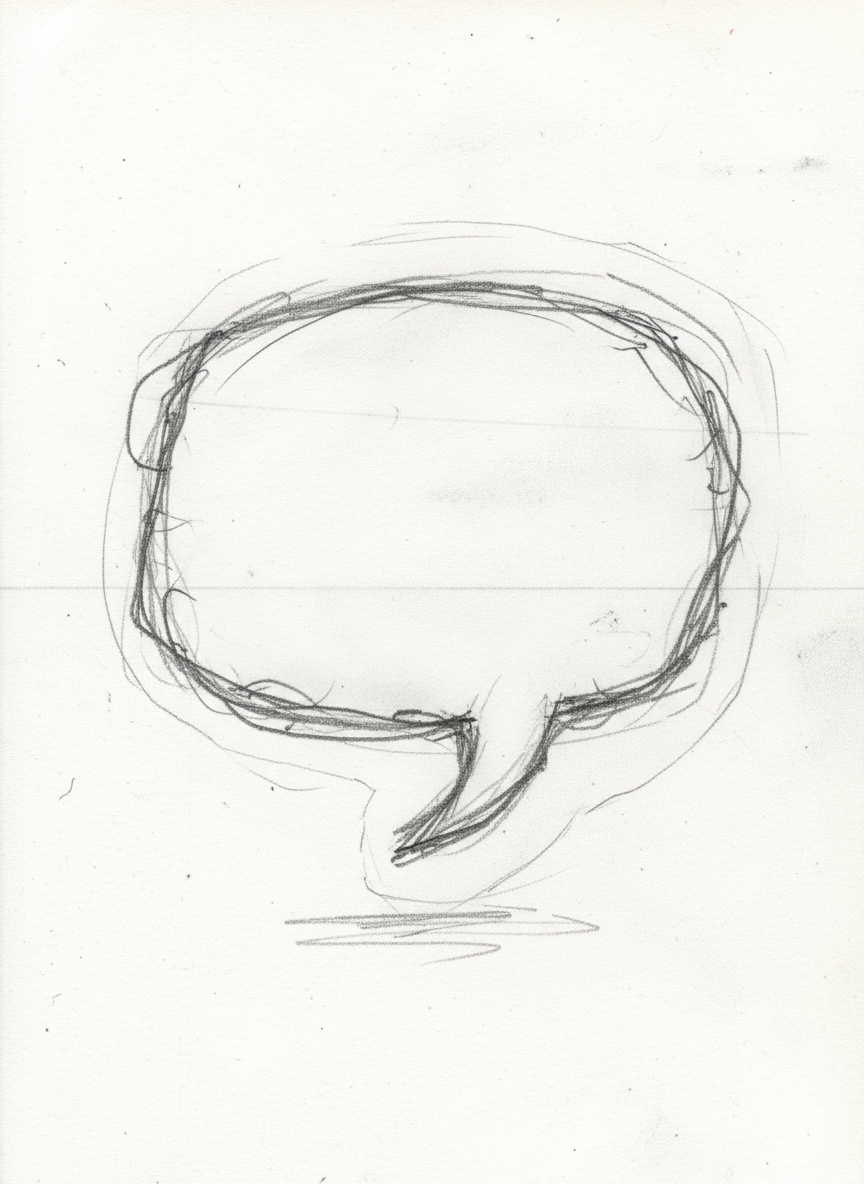 약간 고르지 않은 선과 투명한 배경을 가진 연필 스케치 스타일의 거친 손그림 말풍선.