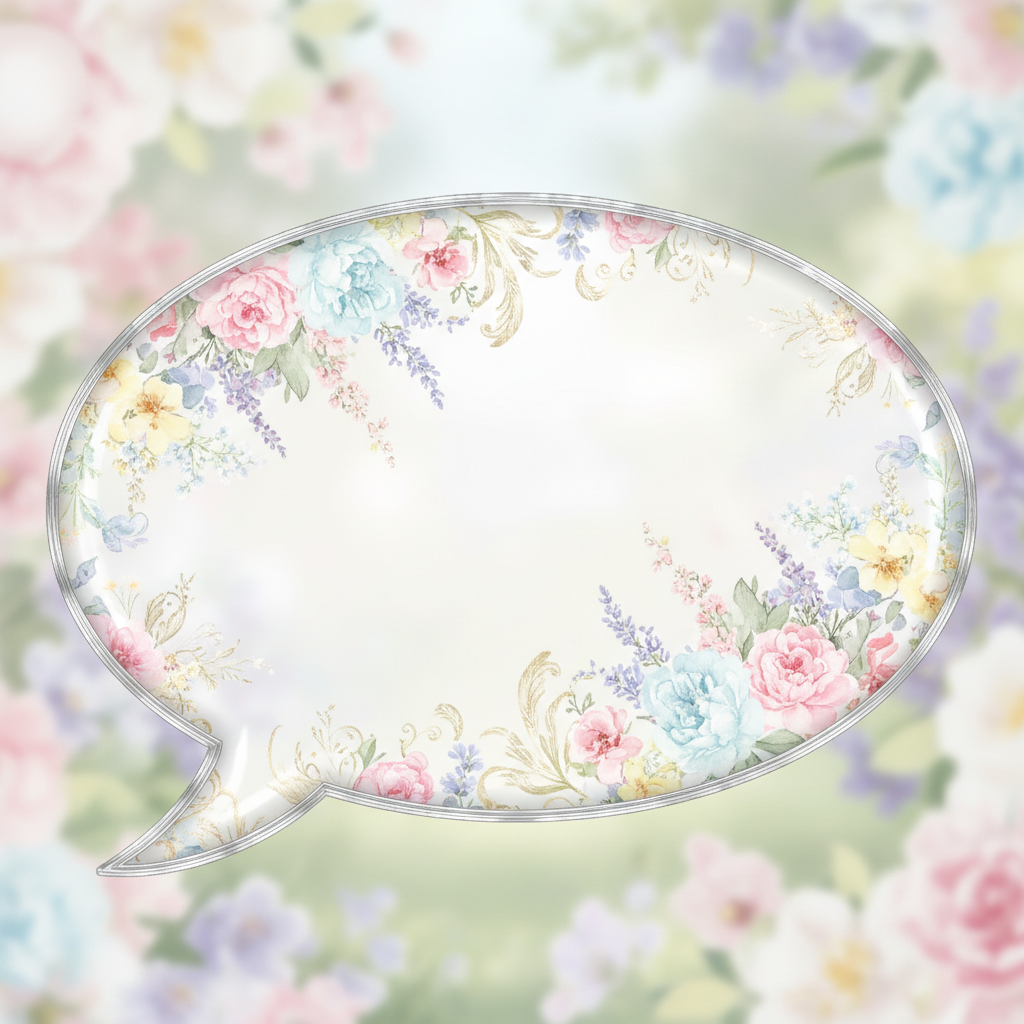 섬세한 파스텔 꽃무늬로 장식된 우아한 흰색 말풍선, 장식적이고 투명합니다.