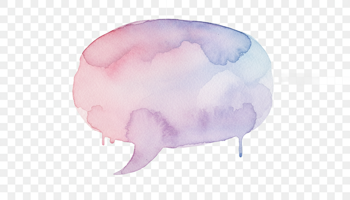 부드러운 분홍색과 보라색 파스텔 톤의 수채화 말풍선, 예술적인 붓터치, 투명한 배경.