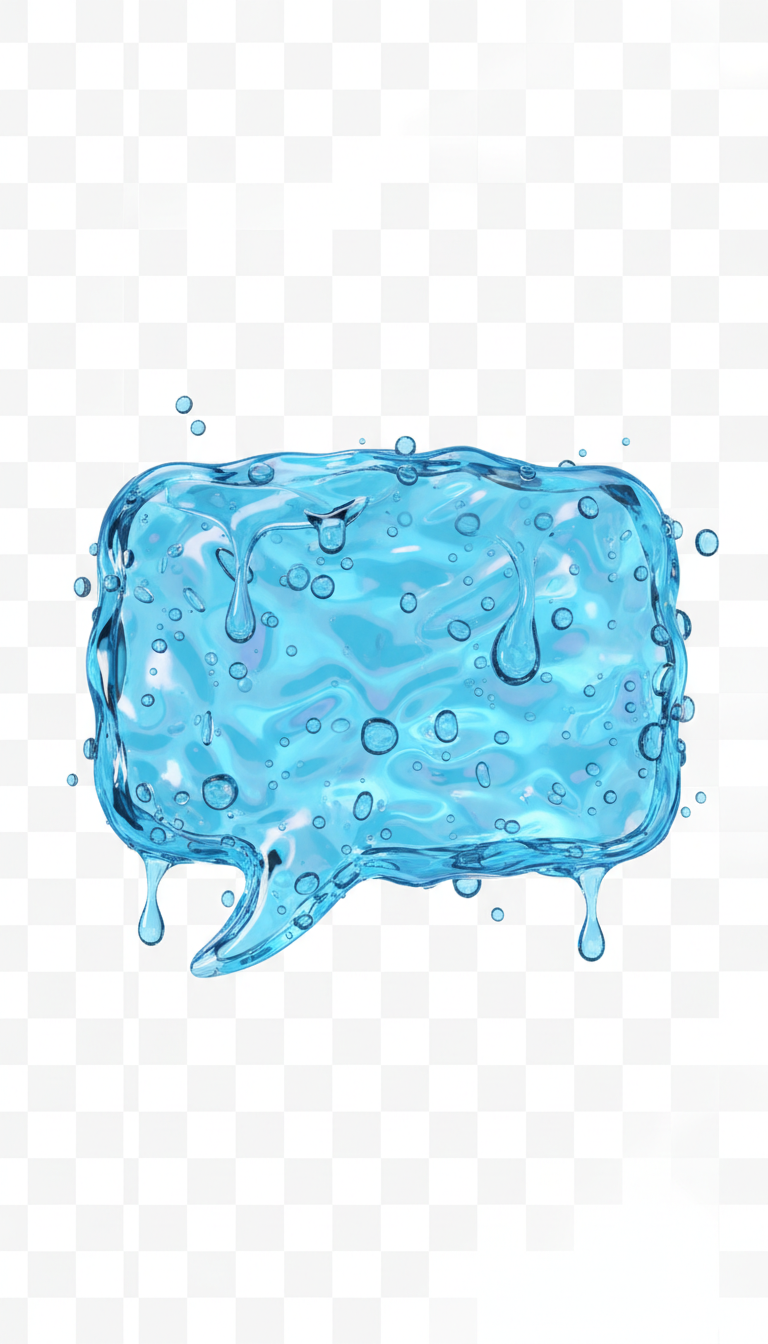 윤기 있고 반짝이는 액체 말풍선, 물방울 효과가 있는 투명한 파란색, 사실적인 3D 렌더링.