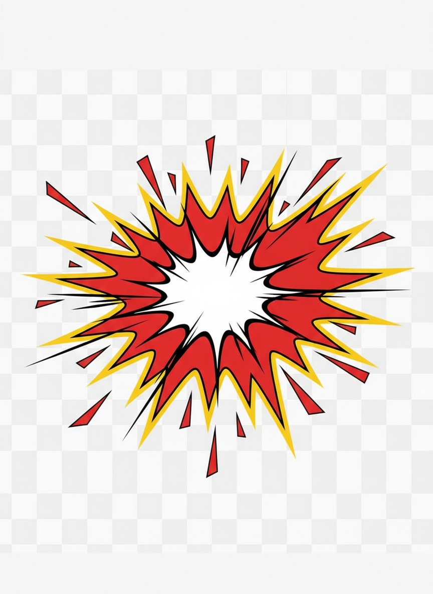 노란색 테두리가 있는 역동적인 빨간색 뾰족한 말풍선, 만화 스타일, 투명한 배경.